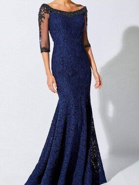 Elegant Navy Lace Off-Shoulder Evening Dress